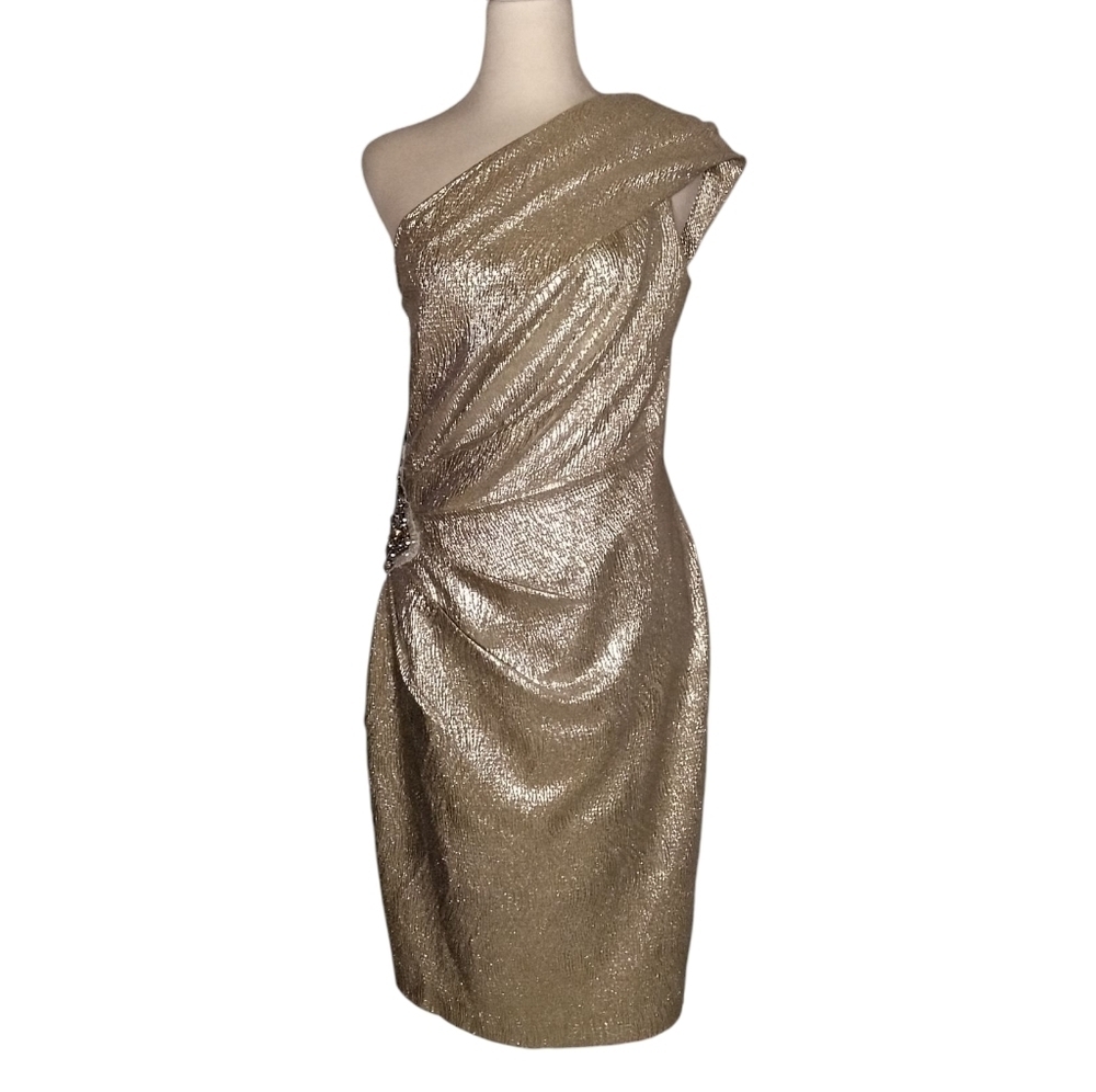 Eliza J Gold Lamè One Shoulder Ruched Lace Detail Knee Length Dress Size 8
